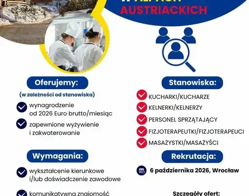 Praca w Austrii: rekrutacja we Wrocławiu dla kucharzy, kelnerów i fizjoterapeutów