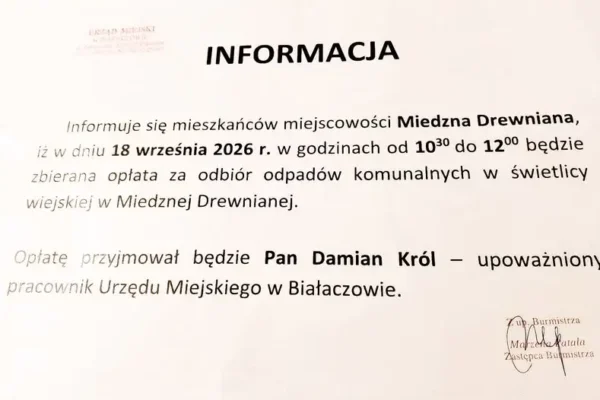 Miedzna Drewniana: dziś pobór opłat za odpady komunalne w świetlicy wiejskiej