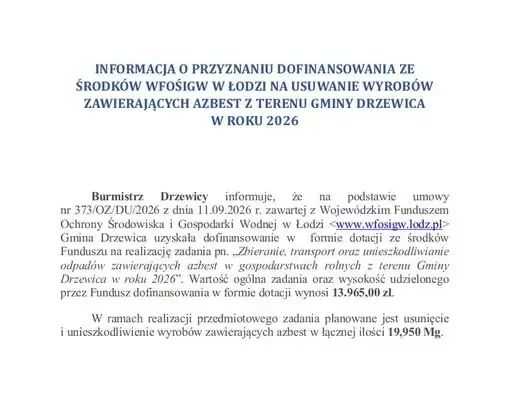 Gmina Drzewica pozyskała dotację na usuwanie azbestu w 2026 roku