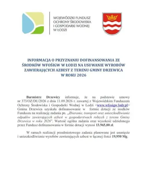 Gmina Drzewica pozyskała dotację na usuwanie azbestu w 2026 roku