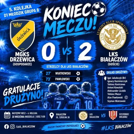 LKS Białaczów Młodzik wygrywa w Drzewicy 2:0 i zaprasza na mecz z Wolborzem