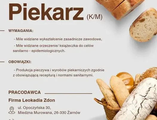 Praca dla piekarza w Miedznej Murowanej – firma Leokadia Zdon rekrutuje