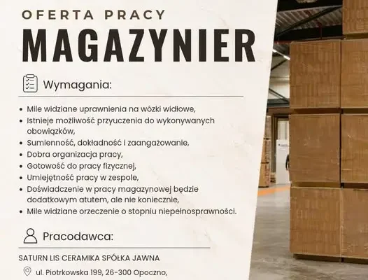 Saturn Lis Ceramika z Opoczna szuka magazyniera – oferta pracy