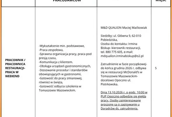 Giełda pracy w Opocznie: McDonald’s szuka pracowników restauracji