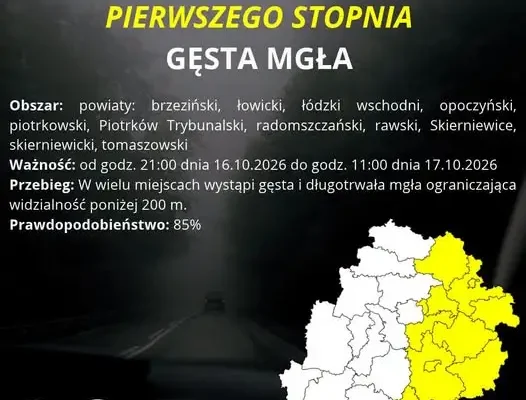 Gęsta mgła nad powiatem opoczyńskim – IMGW ostrzega do godz. 11:00